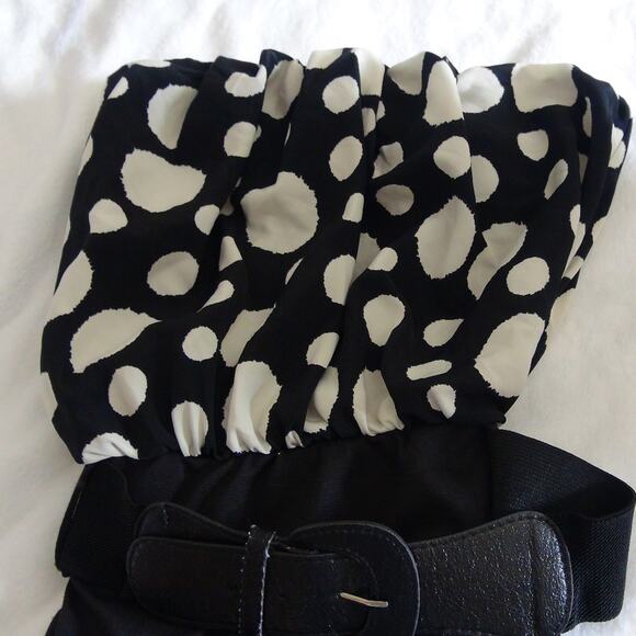 G). VINTAGE Strapless Mini Dress with Polka Dots Black White Size Small - Picture 3 of 6